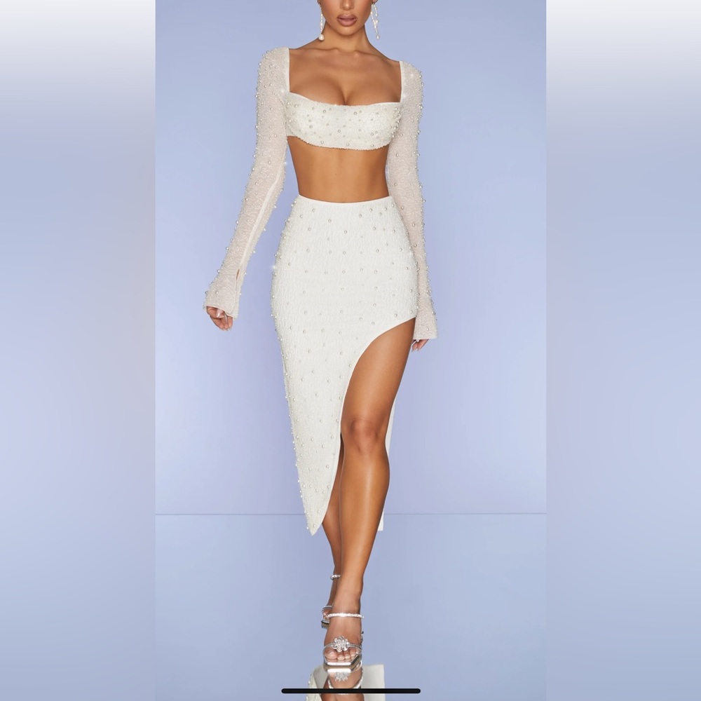 Oh polly BORDEAUX Embellished Maxi Skirt and top in Ivory